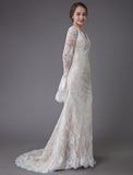 Vintage Deep V Neck Long Sleeves Lace A-Line Wedding Dresses