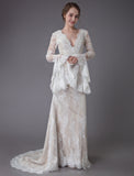 Vintage Deep V Neck Long Sleeves Lace A-Line Wedding Dresses