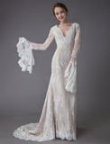 Vintage Deep V Neck Long Sleeves Lace A-Line Wedding Dresses