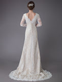 Vintage Deep V Neck Long Sleeves Lace A-Line Wedding Dresses