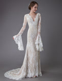 Vintage Deep V Neck Long Sleeves Lace A-Line Wedding Dresses