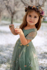 Vintage Green Cap Sleeves Long Flower Girl Dresses With Appliques