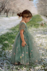 Vintage Green Cap Sleeves Long Flower Girl Dresses With Appliques