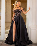 Vintage Halter Satin Black Beading Front-Split Prom Dresses