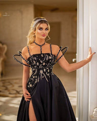 Vintage Halter Satin Black Beading Front-Split Prom Dresses