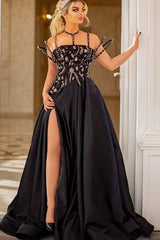 Vintage Halter Satin Black Beading Front-Split Prom Dresses