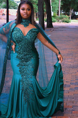 Vintage Halter Sweetheart Jade Green Beading Mermaid Prom Dresses With Cappa