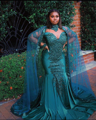 Vintage Halter Sweetheart Jade Green Beading Mermaid Prom Dresses With Cappa