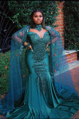 Vintage Halter Sweetheart Jade Green Beading Mermaid Prom Dresses With Cappa