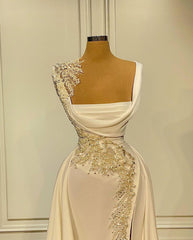 Vintage Ivory Square A-line Beading Prom Dresses with Slit