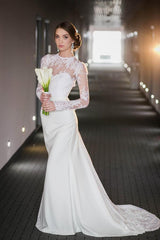 Vintage Long Sleeve Lace High Neck Wedding Dress Satin Bridal Gown with Open Back