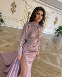 Vintage Satin Purple Satin Split Crystal Mermaid Evening Dresses With Long Sleeves