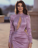 Vintage Satin Purple Satin Split Crystal Mermaid Evening Dresses With Long Sleeves