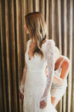 Vintage V-Neck Long Sleeve Wedding Dress Tulle Applique Open Back Brudal Gown