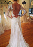 Vintage V-Neck Long Sleeve Wedding Dress Tulle Applique Open Back Brudal Gown