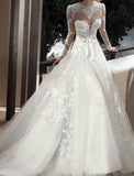 Vintge Lace Long Sleeve Wedding Dresses Appliques Tulle Skirt Bridal Dress