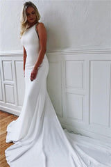 White Jewel Glorious Chapel-Train Sleeveless Mermaid Wedding Dresses