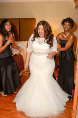 White Lace Sexy Mermaid Plus Size Wedding Dress Half Sleeve Custom Made Bridal Gown