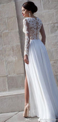 White Lace Sheer Long Sleeve Wedding Dresses Side Slit Chiffon Evening Dresses