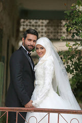 White Lace Tulle Long Sleeve Arabic Bridal Gowns Sweep Train Custom Made Arab Wedding Dress