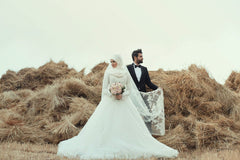 White Lace Tulle Long Sleeve Arabic Bridal Gowns Sweep Train Custom Made Arab Wedding Dress