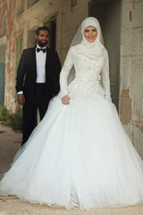 White Lace Tulle Long Sleeve Arabic Bridal Gowns Sweep Train Custom Made Arab Wedding Dress