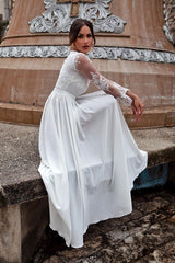 White Long Sleeves V Neck Lace Ruffles A-Line Wedding Dresses