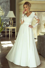 White Long Sleeves V Neck Lace Ruffles A-Line Wedding Dresses