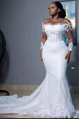 White Mermaid Wedding Dress with Long Sleeves Pearls Tulle Lace Bridal Gown Sweep Train