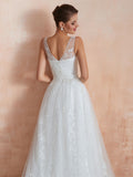 White Sleeveless V Neck Tulle Lace A-Line Wedding Dresses