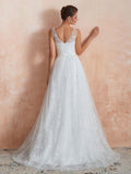 White Sleeveless V Neck Tulle Lace A-Line Wedding Dresses