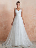 White Sleeveless V Neck Tulle Lace A-Line Wedding Dresses