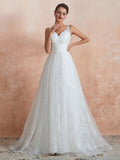 White Sleeveless V Neck Tulle Lace A-Line Wedding Dresses