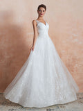 White Sleeveless V Neck Tulle Lace A-Line Wedding Dresses