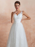 White Sleeveless V Neck Tulle Lace A-Line Wedding Dresses