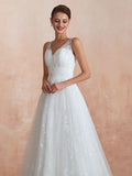 White Sleeveless V Neck Tulle Lace A-Line Wedding Dresses