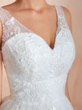 White Sleeveless V Neck Tulle Lace A-Line Wedding Dresses