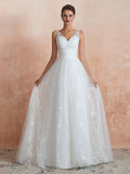 White Sleeveless V Neck Tulle Lace A-Line Wedding Dresses