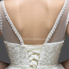 White Wedding Dresses Straps Sleeveless Ball Gown Floor Length Appliques Sequins Beading Lace-up Bridal Gowns