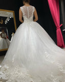 Women Jewel White Tulle Lace Sleeveless Ruffles A-Line Wedding Dresses