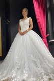 Women Jewel White Tulle Lace Sleeveless Ruffles A-Line Wedding Dresses