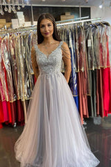 Women Sleeveless Silver Lace A-Line Prom Dresses Long