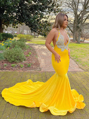 Yellow Appliques Lace V-neck Spaghetti Straps Floor-length Mermaid Prom Dresses