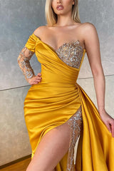 Yellow Long Sleeves Mermaid Prom Dress Slit Long With Beads