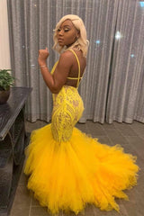 Yellow Mermaid Lace Puffy Tulle Open back Long Prom Dress