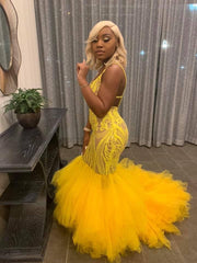 Yellow Mermaid Lace Puffy Tulle Open back Long Prom Dress