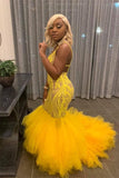 Yellow Mermaid Lace Puffy Tulle Open back Long Prom Dress