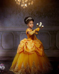 Yellow Princess Girl Dress With Lace Off-the-Shoulder Velvet Tulle Pegant Dress for Kids