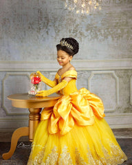 Yellow Princess Girl Dress With Lace Off-the-Shoulder Velvet Tulle Pegant Dress for Kids