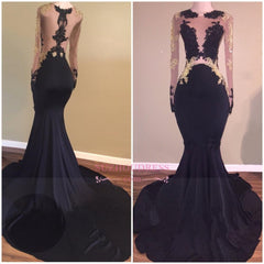 Zipper Long Sleeve Evening Gown Black Sexy Lace Mermaid Prom Dress BA5324